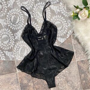 Vintage Victoria’s Secret Gold Label black floral print semi sheer chiffon teddy